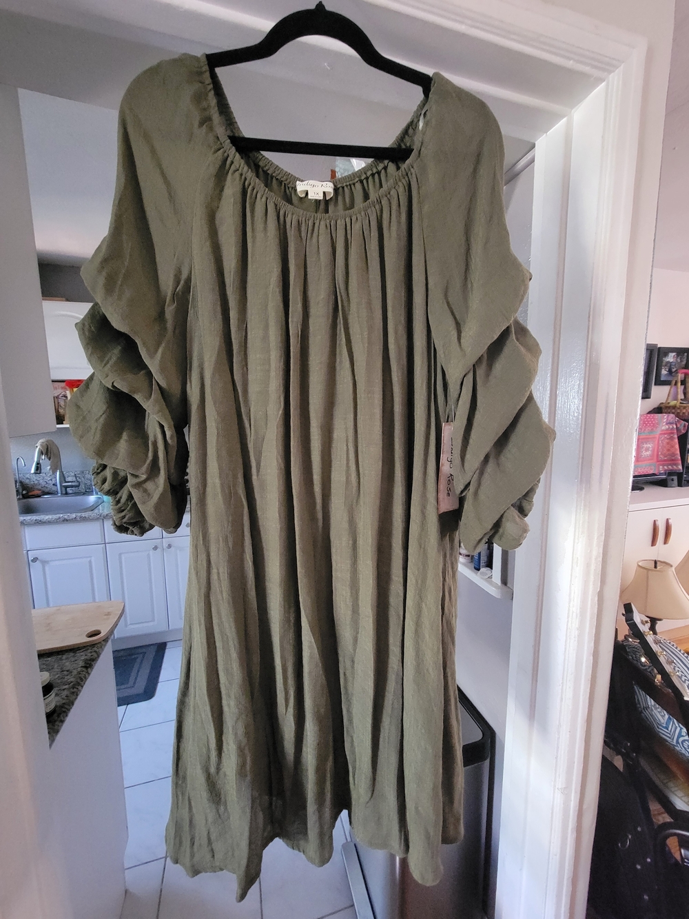Women’s Olive Midi Peasant Dress with Ruffled Sleeves/1X
